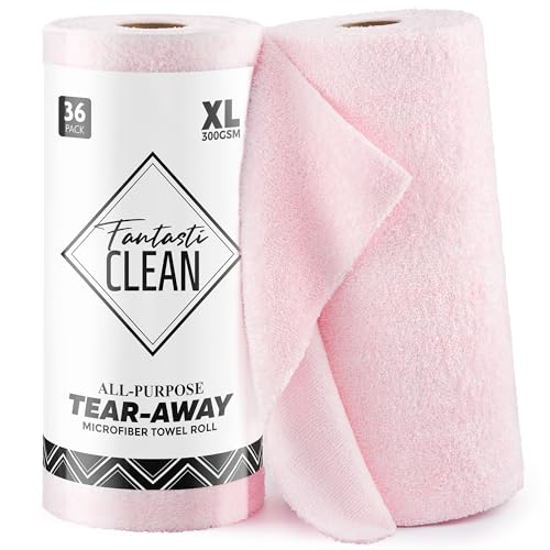 Fantasticlean Thick Microfiber Cleaning Cloth Roll, 12'' by 12''- 36 Sheets, Premium Detailing Towels, Ultra Absorbent, Lint-Free Reusable Wipes for All-Around Cleaning (Glossy Pink) - color: Pink, size: 12'' x 12''