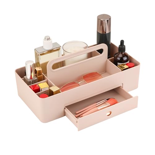 Multipurpose Caddy Organizer with Handle -8 Compartments and 1 small drawer - Art Craft Supplies, Office, Desk, Stationery Pen Holder, Makeup, Bathroom, Shower, Cleaning, Dorm Organizer - Pink