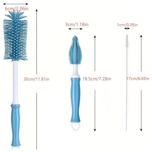 Three-Piece Cleaning Brush Set – Premium Straight Handle Silicone Bottle Cleaning Brush Kit for Cups, Bottles & Travel,Blue - color: Blue