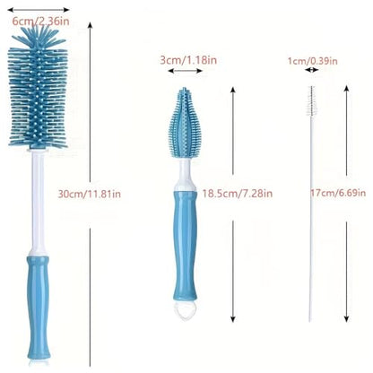 Three-Piece Cleaning Brush Set – Premium Straight Handle Silicone Bottle Cleaning Brush Kit for Cups, Bottles & Travel,Blue - color: Blue