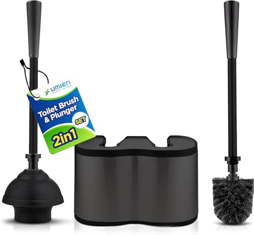 UMIEN Toilet Brush and Plunger Set 18-in - Updated 2025 No-Rust - Stainless Steel Design - Long Handles - with Freestanding Canister (Matte Black) - color: Matte Black, size: 1 pack