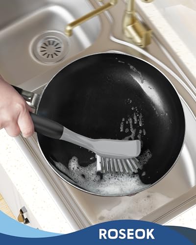 ROSEOK Dish Brush, Dish Scrubber, Nylon Bristles with Built-in Scraper | For Cleaning Dishes, Pots, Non-Stick Pans and Sinks, Black, 2 Pack - color: Black
