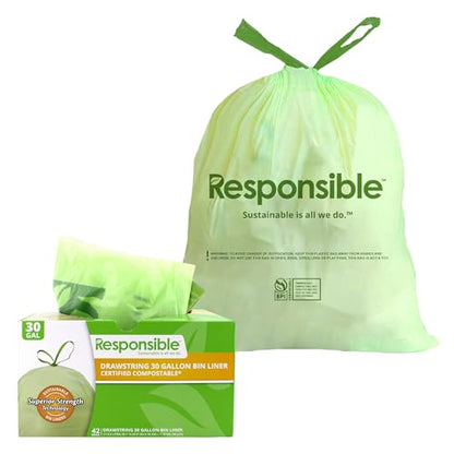 Responsible Products Kitchen Bin Liners, Certified Compostable, Heavy Duty Multipurpose Food Scrap Bags, Made from Compostable Materials (30 Gallon Drawstring, 30 Gallon (42 Count)) - size: 30 Gallon (42 Count), style: 30 Gallon Drawstring