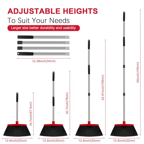 Heavy Duty Angle Broom, 55-Inch Long Handle Extra Wide 12.6 Inch Head, Stainless Steel Tube & PP Bristles for Pet Hair and Dust, Floor Safe - Red - color: Red
