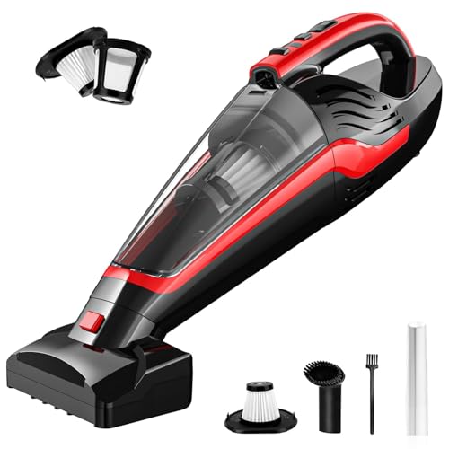 Powools Pet Hair Handheld Vacuum Cordless, Car Vacuum Rechargeable with Reusable Filters, Motorized Brush and Multi-Accessories for Carpet, Couch & Stairs, Red, 17.0"X 4.6"X 6.6"