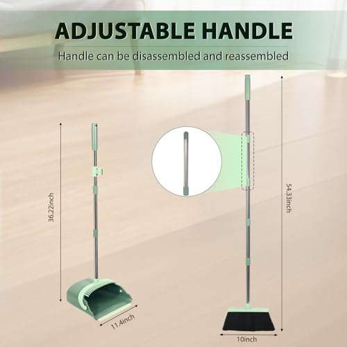 YZO Broom and Dustpan Set, 54.33 Inch Long Handle Standing Design, Dustpan Front Rubber Tight Seal, Broom with 5 Layer Bristles, Suitable for Living Room, Bedroom, Yard, Office and Apartment(Green) - color: Green