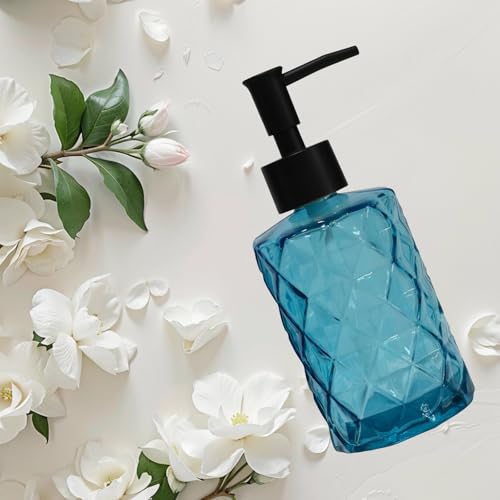 12Oz Small Glass Soap Dispenser with Black Plastic Pump, Blue Refillable Kitchen Countertop Liquid Hand Soap Dispensers with Diamond Design, Crystal Bathroom Lotion Bottle for Dispense Dish Soap - color: Blue Diamond