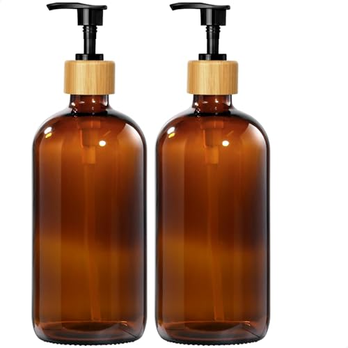 GMISUN Amber Glass Soap Dispenser, 2 Pack Bathroom Hand Soap Dispensers with Bamboo Pump, 17 Fl Oz Kitchen Hand and Dish Soap Dispenser Set, Modern Vintage Liquid Brown Soap Dispensers Bottle - color: Amber Bottle + Bamboo Pump, size: 2 Pack