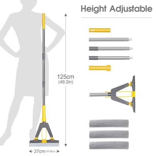 Sponge Mop,Masthome Roller Sponge Mop,Easy Self Squeeze Mop and Stainless Steel Handle,PVA Mops with 3 Absorbent Mop Refills for Home Use Tile Floor Bathroom Cleaning - color: Yellow-grey