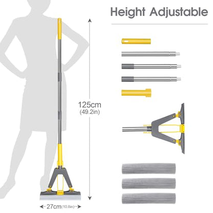 Sponge Mop,Masthome Roller Sponge Mop,Easy Self Squeeze Mop and Stainless Steel Handle,PVA Mops with 3 Absorbent Mop Refills for Home Use Tile Floor Bathroom Cleaning - color: Yellow-grey