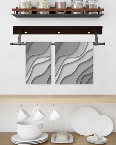 Abstract Geometric Art Hand Towels Set,Waffle Weave Kitchen Towels 2 Pieces,Hair Face Bath Tea Towel Absorbent Quick Drying Cleaning Dish Cloths,Modern Ombre Grey White Ocean Seawaves 15.7"x23.6" - color: Black, size: 2PCS,15.7"x23.6"