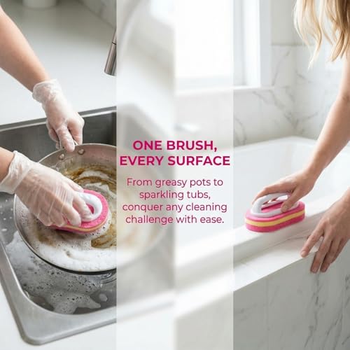 Multifunctional Cleaning Brush with Handle, Thick Sponge Scrubber for Kitchen, Bathroom, Bathtub, Sink & Floor, 1 Pack (Pink) - color: Pink