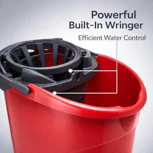Mop Bucket with Wringer 2.5 Gallon, Compact Cleaning Bucket with Built-in Wringer, Easy Carry Handle for Floor Cleaning Home Kitchen Bathroom Use, Red