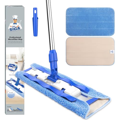 MR.SIGA Professional Microfiber Mop for Hardwood, Laminate, Tile Floor Cleaning, Stainless Steel Telescopic Handle - 3 Reusable Flat Mop Refills and 1 Dirt Removal Scrubber Included - color: Blue