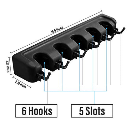 Mop and Broom Holder Wall Mount Heavy Duty Tool Organizer For Home Garden Garage And Storage (5 Positions with 6 Hooks) (Black)