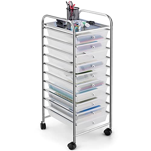 COSTWAY 10-Drawer Rolling Storage Cart, Utility Mobile Trolley with Removable Drawers & Universal Casters & 2 Brakes, Versatile Flexible Drawer Organizer Cart for Home, Office (Clear) - color: Clear, size: 13"L x 15"W x 34"H (10 Drawer)