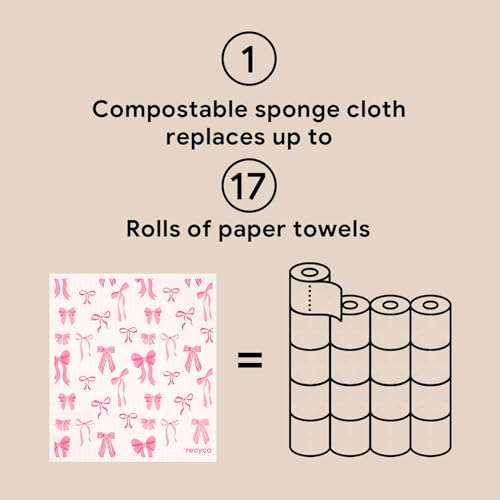 RECYCO Swedish Dishcloths for Kitchen | 6 Packs Lovely Bows Washable Dish Rags | Cellulose Reusable Cleaning Paper Towels | Absorbent Counter Dish Cloth Sponge Kitchen Wipes, 8" L x 7" W - color: Lovely Bows - 6 Pack