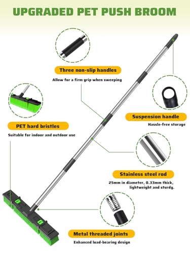18”/45cm Large Wide Adjustable Heavy Duty Outdoor Push Broom Stiff Brush Head with 4 Section Threaded Handle 60"/152cm for Warehouse Driveway Garage Patio Sidewalk Floor Dirt Workshop Deck Cleaning