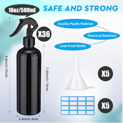 Lallisa 36 Pcs 16 oz Plastic Spray Bottles Leak Proof Empty Bottles for Cleaning Solutions Water Sprayer Bottle with Nozzle Mist, Labels and Handle Funnel for Auto Details, Planting, Kitchen (Black) - color: Black