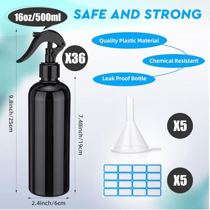 Lallisa 36 Pcs 16 oz Plastic Spray Bottles Leak Proof Empty Bottles for Cleaning Solutions Water Sprayer Bottle with Nozzle Mist, Labels and Handle Funnel for Auto Details, Planting, Kitchen (Black) - color: Black