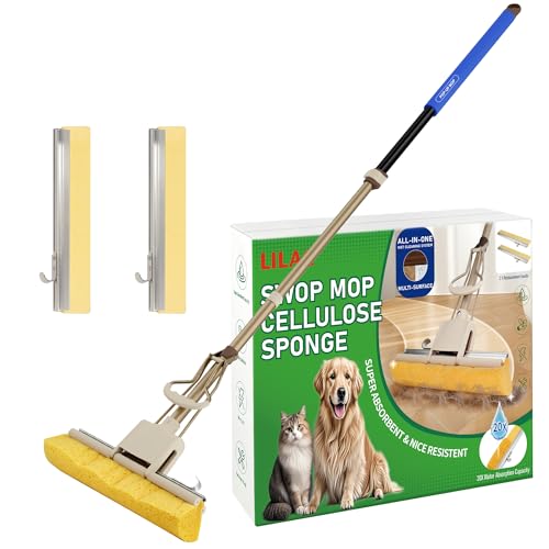 LILAC Cellulose Sponge Mop with 2 Replacement Heads,4-Color Handle for Zoned Cleaning, Super Absorbent Pop Up Roller Mop for Hardwood,Laminate Floors, Heavy Duty Floor Scrubber (Blue) - color: Blue