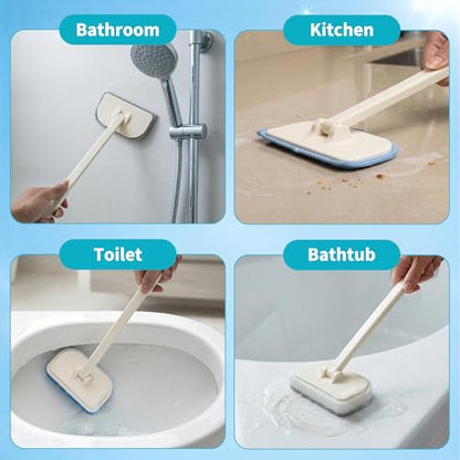 Tub Brush Scrubber with Long Handle, Durable Tub Scrubber with 4 Versatile Cleaning Heads, No-Scratch, Powerful Deep-Clean Tile Scrubbers, for Shower Bathroom Kitchen Bathtub Toilet