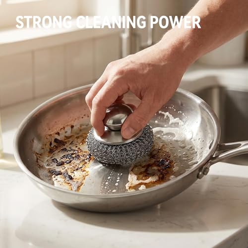 5 Pcs Steel Wool Scrubber with Handle: Stainless Steel Scrub Set for Cast Iron Scouring Stubborn Messes from Cast Iron, Pots, Pans, Grill, Stoves, Sink (1 Scrubber + 5 Pads)