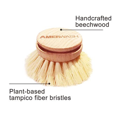 AMERWASH PLUS Classic Dish Brush Replacement Head 3 Packs, Natural Bristle Tampico Fiber for All Purpose Cleaning, Kitchen Scrubber - size: 3 Piece Brush Head Set