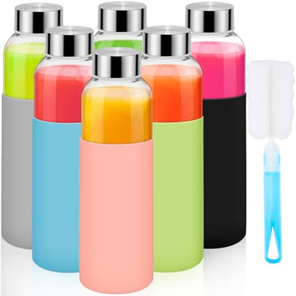 6Pack Glass Juice Bottles, 18 Oz Glass Water Bottles, Reusable Drinking Bottle with Stainless Steel Cap, Silicone Sleeve 1 Brush, Clear Water Bottle for Juice Beverages, BPA Free & Leak Proof