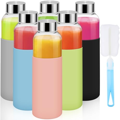 6Pack Glass Juice Bottles, 18 Oz Glass Water Bottles, Reusable Drinking Bottle with Stainless Steel Cap, Silicone Sleeve 1 Brush, Clear Water Bottle for Juice Beverages, BPA Free & Leak Proof