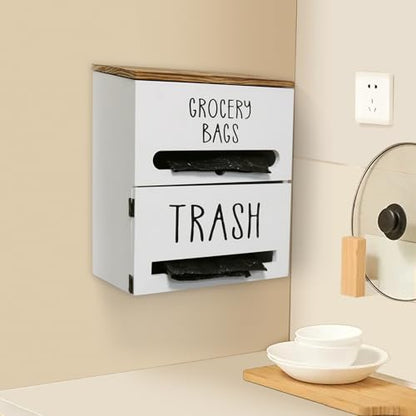 2 in 1 Trash Bag Dispenser, Double Wall Mounted,Wood Trash Bag Holder, used in kitchen, garage, laundry room, can store Environmentally friendly food bags and garbage bags (White) - color: White/Large(10inch*5.5inch*12.2inch）