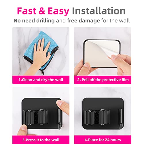 Broom and Mop Holder, Super Anti-Slip Wall Mount, Self Adhesive Gripper for Bathroom, Garage and Laundry Room Storage, Black