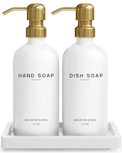 Luxury Glass Hand and Dish Soap Dispenser Set by Brighter Barns - Kitchen Soap Dispenser Set with Tray for Kitchen Sink - White and Gold Home Accessories & Decor for Restaurants, Airbnb, Gift (Gold) - color: Gold Hd