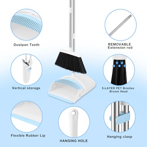 Broom with Dustpan Combo Set for Home, 52-in Long Adjustable Handle Angle Broom and Dustpan Set with Dustpan Comb Teeth for Sweeping Pet Hair Food Dirt Kitchen (White-Blue) - color: White-blue
