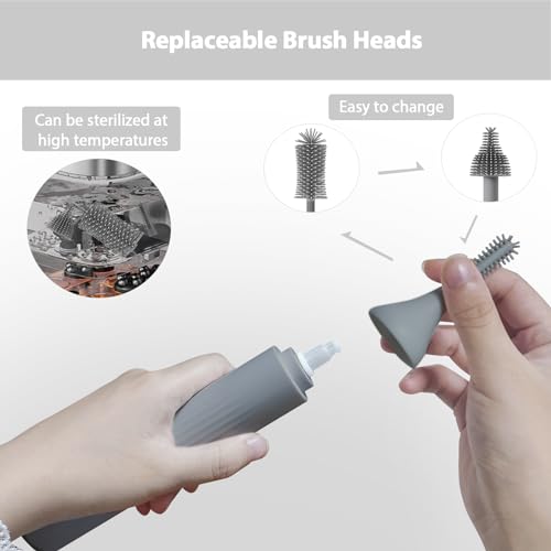 Electric Baby Bottle Brush Set with Rechargeable Electric Bottle Brush Cleaner and Replaceable Silicone Bottle Brushes and Straw Brush Cleaner, Waterproof Multi-Purpose Cleaning Brush（Grey） - color: Gray
