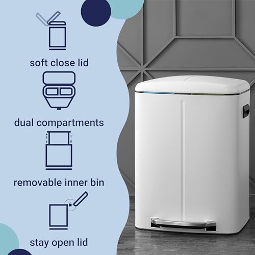 happimess HPM1005C Marco Rectangular 10.6-Gallon Double Bucket Trash Can with Soft-Close Lid, White, Fingerprint Resistant, Modern, Minimalistic for Home, Kitchen, Office, Bedroom, Bathroom - color: White