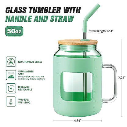 WINSA 50 oz Glass Water Bottles with Silicone Sleeve,Glass Tumbler with Lid and Straw,Iced Coffee Cup with Handle,BPA Free-Green - color: Green