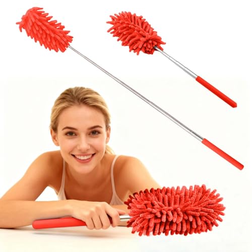 Extendable Microfiber Duster, Telescoping Dusting Brush for Home and Car Cleaning, Adjustable Length, Soft and Flexible - color: Elongated Red