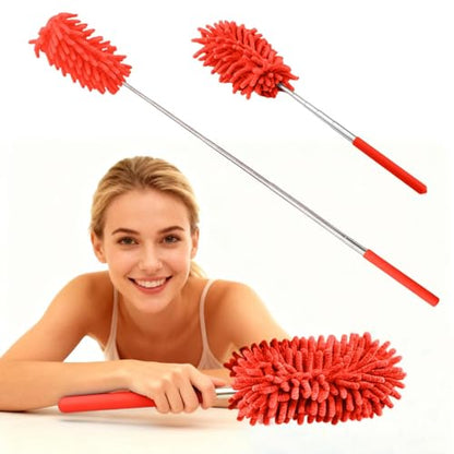 Extendable Microfiber Duster, Telescoping Dusting Brush for Home and Car Cleaning, Adjustable Length, Soft and Flexible - color: Elongated Red