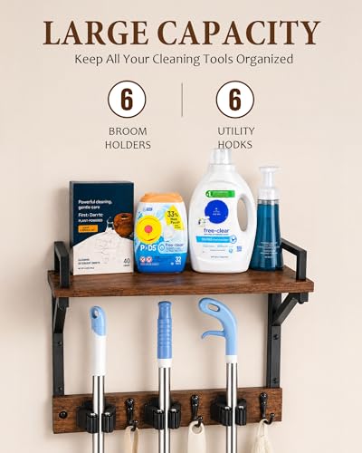 Lorbro Broom Holder Wall Mount with Cleaning Supplies Storage, Heavy Duty Broom and Mop Organizer Wall Hanging, Wooden Mop Organizer Hanger, 3 in 1 Storage Shelves for Laundry Room, Garage, Closet - size: Medium