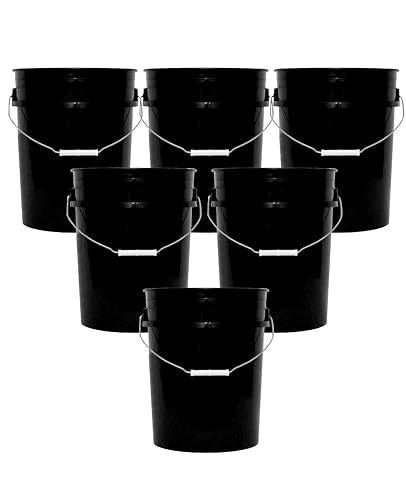MKS Plastics 5-Gallon Bucket Only – No Lid Included, Made in USA, Food Grade BPA Free Plastic, Heavy Duty Multi-Use, Metal Handle with Grip, Stackable Storage – Black, 6 Pack - color: Black, size: 6