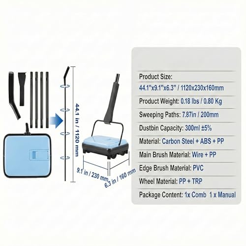 Manual Carpet Sweeper, Electric-Free Quiet Floor Sweeper with 300ml Easy-Empty Dustbin, 6.7” Cleaning Width for Pet Hair, Crumbs, Dust on Carpets, Hardwood, Tile - Home & Office Use (Blue) - color: Blue