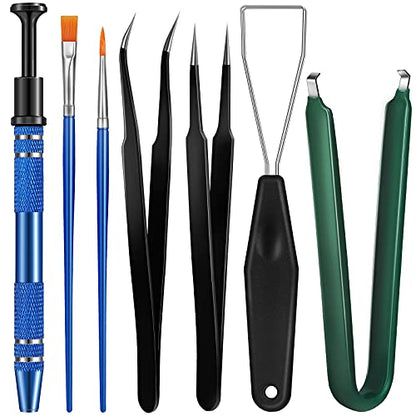 Minatee 9 Pcs Keyboard Lube Switch Puller Kit Ic Extractor, Key Cap Puller, Elbow Tweezers, Pointed Tweezers, Flat Head Fine & Head Grease Brush Compatible with Switches for Modding and Maintenance