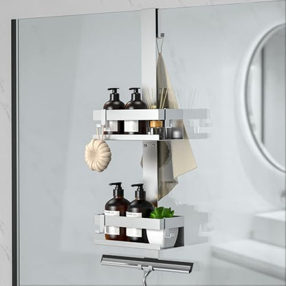 Shower Caddy Hanging, SUS304 Stainless Steel, Over Frameless Glass Door Shower Shelf, Bathroom Organizer/Rack No Drilling, Silver