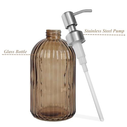14Oz Brown Soap Dispenser Bathroom, Clear Glass Hand Soap Dispensers with Stainless Steel Pump, Refillable Dish Soap Dispenser for Kitchen, Countertop Soap Dispensers - color: Brown