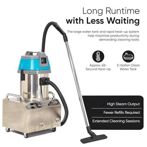 Dapper Supply Commercial Steam Cleaner with Wet/Dry Vacuum, Carpet & Upholstery Extraction, HEPA Filtration, 2 Gal Tank, up to 230°F, for Tile, Grout, Kitchens & Auto Detailing - size: 2.5 Gal