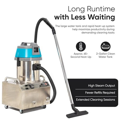 Dapper Supply Commercial Steam Cleaner with Wet/Dry Vacuum, Carpet & Upholstery Extraction, HEPA Filtration, 2 Gal Tank, up to 230°F, for Tile, Grout, Kitchens & Auto Detailing - size: 2.5 Gal