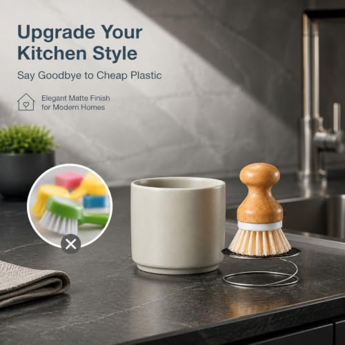 ONEMORE Bamboo Dish Brush with Ceramic Foaming Base, Kitchen Sink Scrub Brush Set with Spring and Mesh Insert, Wooden Handle Dishwashing Brush for Pots Pans Plates Bowls, Gray - color: Gray