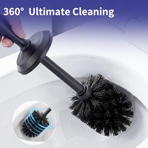 ROLABAM Heavy-Duty Toilet Brush and Holder Set, Premium Rustproof Metal Freestanding Toilet Bowl Brush, Deep-Cleaning Tool with Long Handle and Splash Guard for the Bathroom, Space-Saving - color: Black-1