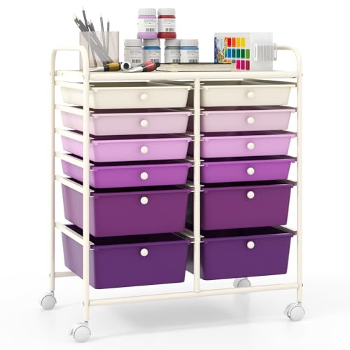 Giantex 12 Drawers Rolling Storage Cart, Classroom Organizers with Wheels for Tools Scrapbook Craft Paper Teacher Office School Supplies (Purple Gradient) - color: Purple Gradient, size: 12 Drawer-25"x15"x29.5"